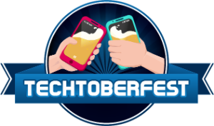 Two hands hold transparent cellphones filled with swirling cider, toasting in celebration with TechToberFest written over it in a ribbon.