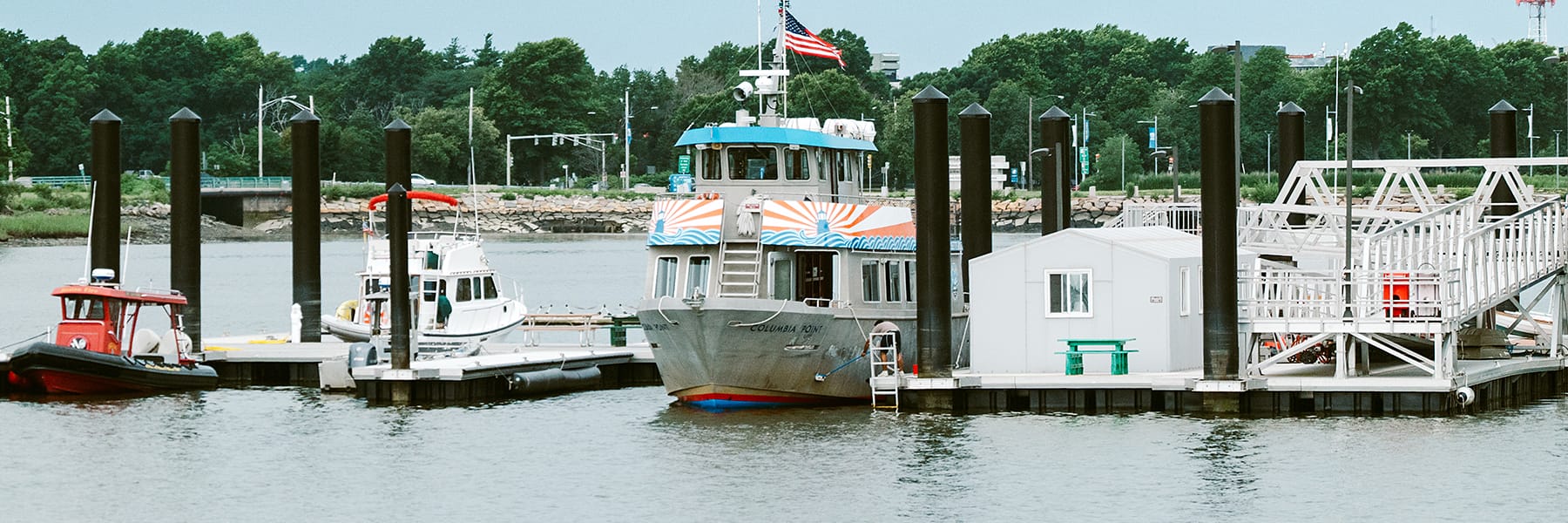 Harbor cruise boat, the Columbia Point, at the dock at UMass Boston.