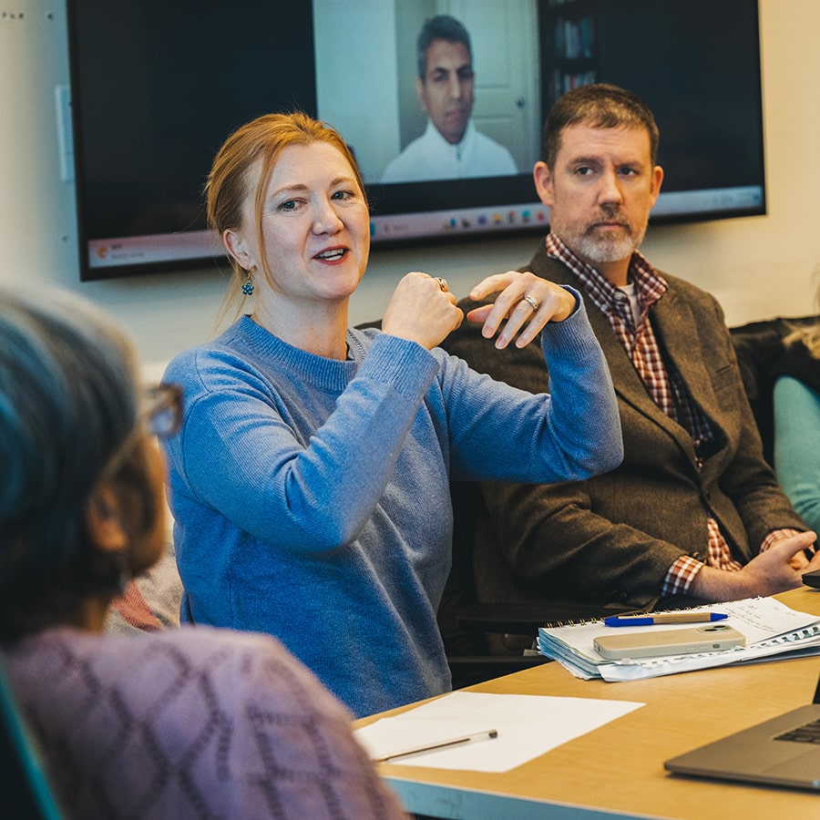 faculty talks with animated hand gesture during department chair meeting